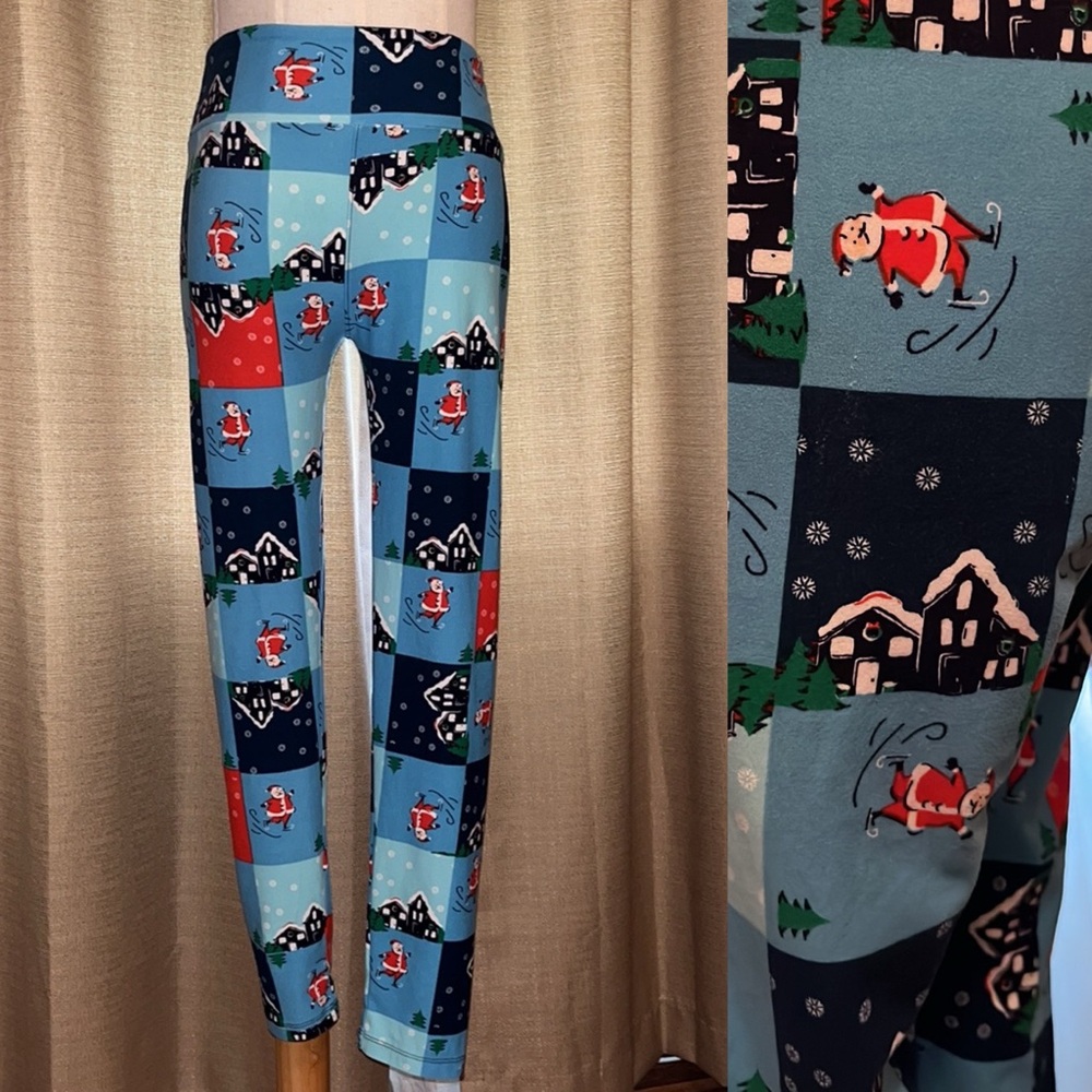 LuLaRoe Women’s One Size Christmas Winter Blue Red Block Pattern Stretch Legging